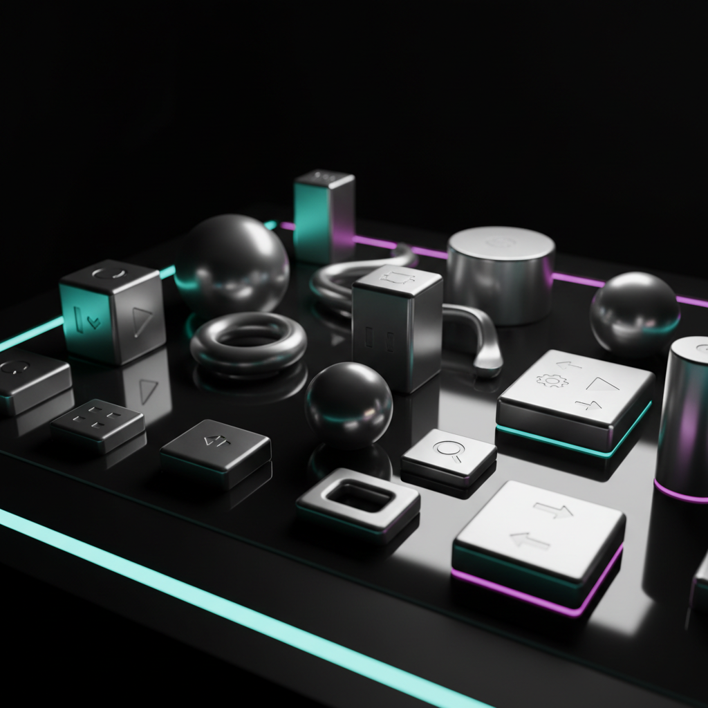 A collection of polished, chrome-plated 3D shapes—cubes, spheres, cylinders, and ribbons—arranged as though they are interactive UI elements on a reflective black glass surface. Each object features tiny engraved icons, arrows, and toggle-like indentations, hinting at experimental interface components. Neon accents of electric teal and vivid magenta glow subtly from recessed strips in the desktop, casting colorful reflections across the metallic surfaces. The scene is lit by dramatic, focused overhead lighting that creates bold highlights and deep, soft-edged shadows, giving the arrangement a cinematic, high-tech feel. Photographic realism with a playful, slightly surreal atmosphere. Shot from a slightly elevated angle with a medium depth of field, the composition feels like a physical playground for web interaction ideas made tangible.