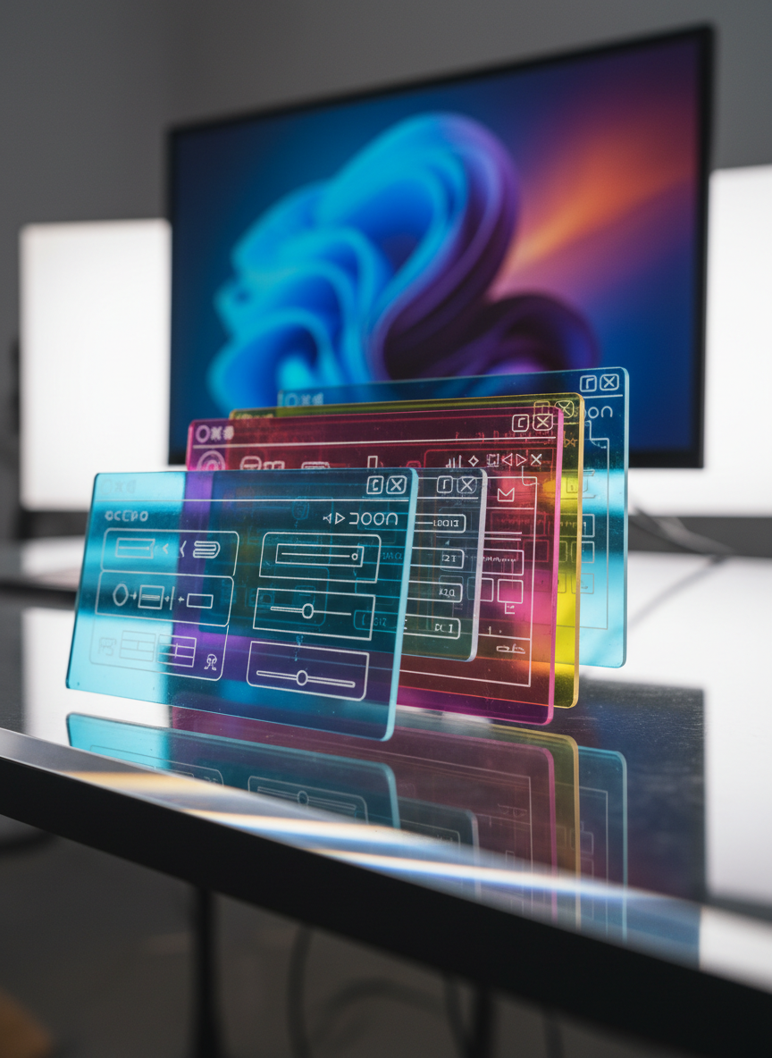 A close-up of a clear acrylic desk with several layers of transparent, colored panels stacked like sliding browser windows, each etched with fine white lines suggesting grids, buttons, and playful interface elements. The panels overlap at slight angles, creating prismatic reflections and a dynamic interplay of cyan, magenta, and yellow tones on the glossy surface below. A matte-black monitor in the blurred background displays an abstract, vibrant gradient. Soft, diffused studio lighting from both sides emphasizes the edges of the panels and casts gentle, overlapping shadows. Photographic realism with a futuristic, experimental mood. Captured from a low, side angle with shallow depth of field, the image emphasizes depth and layering, mirroring the complexity and curiosity of web experiments.