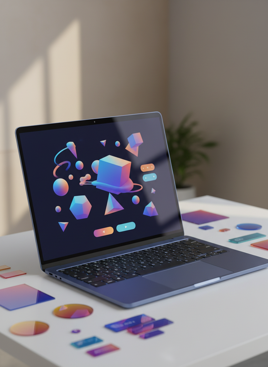 A sleek, midnight-blue laptop with a glossy screen displaying a playful, abstract web interface composed of floating geometric shapes, bold gradients, and animated-looking buttons frozen mid-motion. The laptop rests on a clean, white desk sprinkled with colorful acrylic rectangles and translucent shapes that resemble UI components. Soft daylight from an unseen window washes in from the left, creating gentle reflections on the laptop’s metallic edges and subtle shadows of the scattered elements. Photographic realism with a vibrant, modern aesthetic. Shot from a slightly elevated three-quarter angle with shallow depth of field, the background fades into a soft blur of neutral tones, giving the scene an energetic yet focused atmosphere, perfect for representing inventive web experiments.