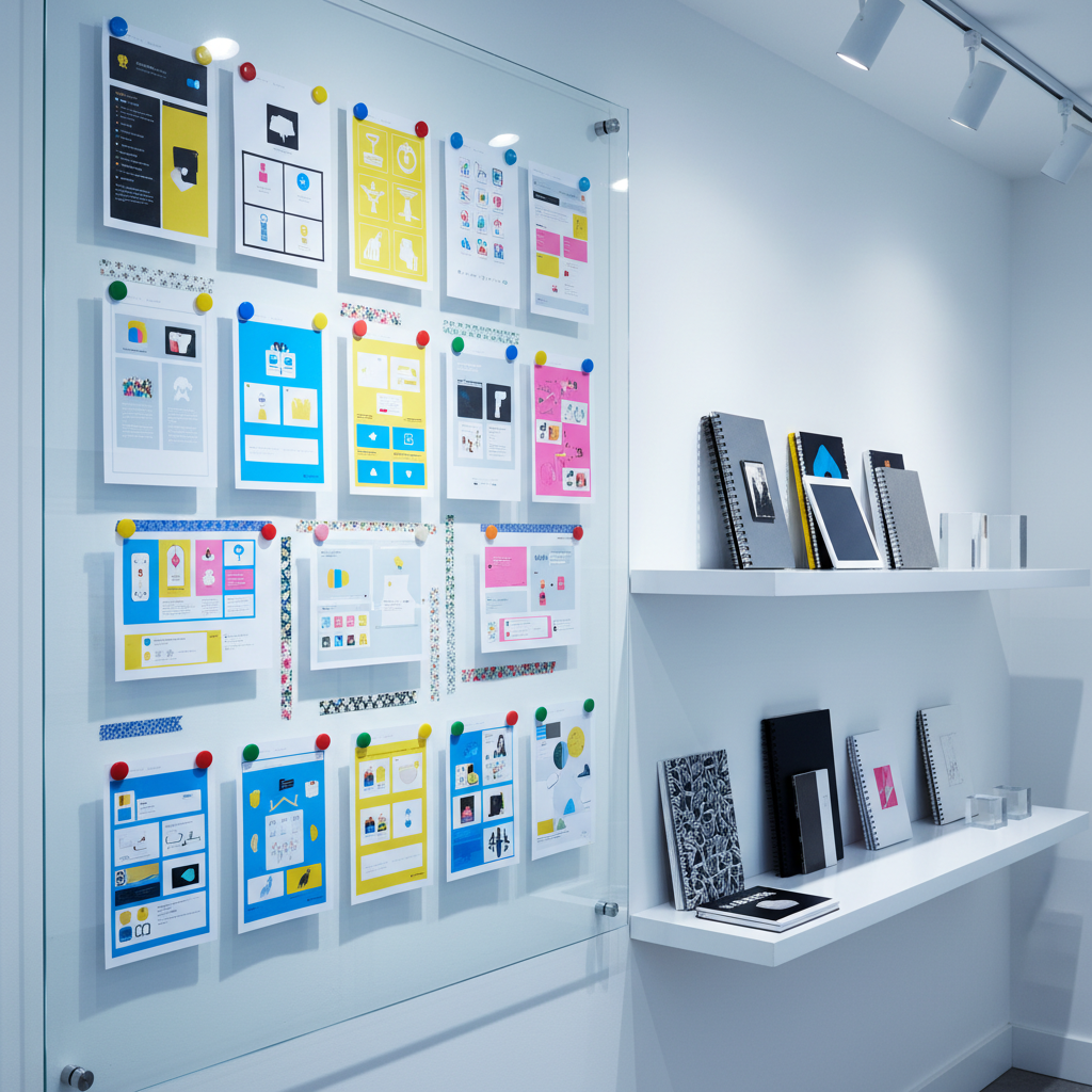 A wall-sized, glossy glass board covered in neatly arranged printed web interface mockups, each featuring experimental layouts, bright color palettes, and quirky iconography. The mockups are attached with small, colored magnetic markers and overlapping strips of washi tape. On the adjacent minimalist white shelf sit stacks of sketchbooks, a closed silver tablet, and a few transparent acrylic cubes. Overhead track lighting casts crisp, cool-toned illumination, creating reflections and subtle glares on the glass and a rhythmic pattern of shadows below the shelf. Photographic realism with a clean, gallery-like atmosphere. Captured at eye level with a wide lens, the composition emphasizes the expanse of playful design ideas, evoking a curated, exploratory portfolio wall of web experiments.