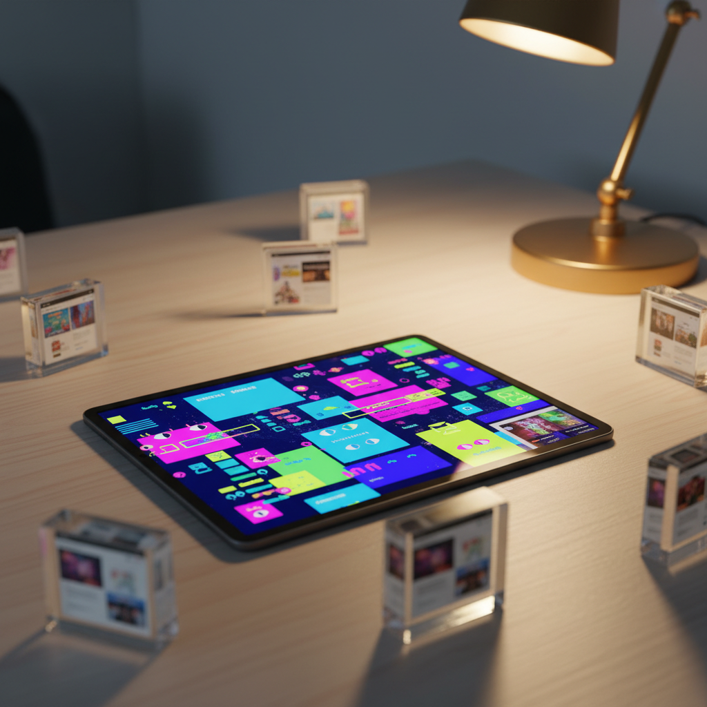 A dark, matte-surface tablet lying flat on a pale wooden desk, its screen showing a vibrant, glitchy experimental homepage: overlapping neon rectangles, playful animated-looking glyphs, and asymmetrical grids frozen in mid-transition. Surrounding the tablet are small clear resin blocks encapsulating miniature, printed website screenshots like tiny preserved experiments. A warm desk lamp to the right casts a cozy, golden glow, creating soft highlights on the resin surfaces and gentle, elongated shadows. Photographic realism with a slightly whimsical, lab-like atmosphere. Captured from a low, raking angle along the surface of the desk, with the tablet in sharp focus and the resin blocks gradually blurring into the distance, the image evokes a playful archive of evolving web ideas.